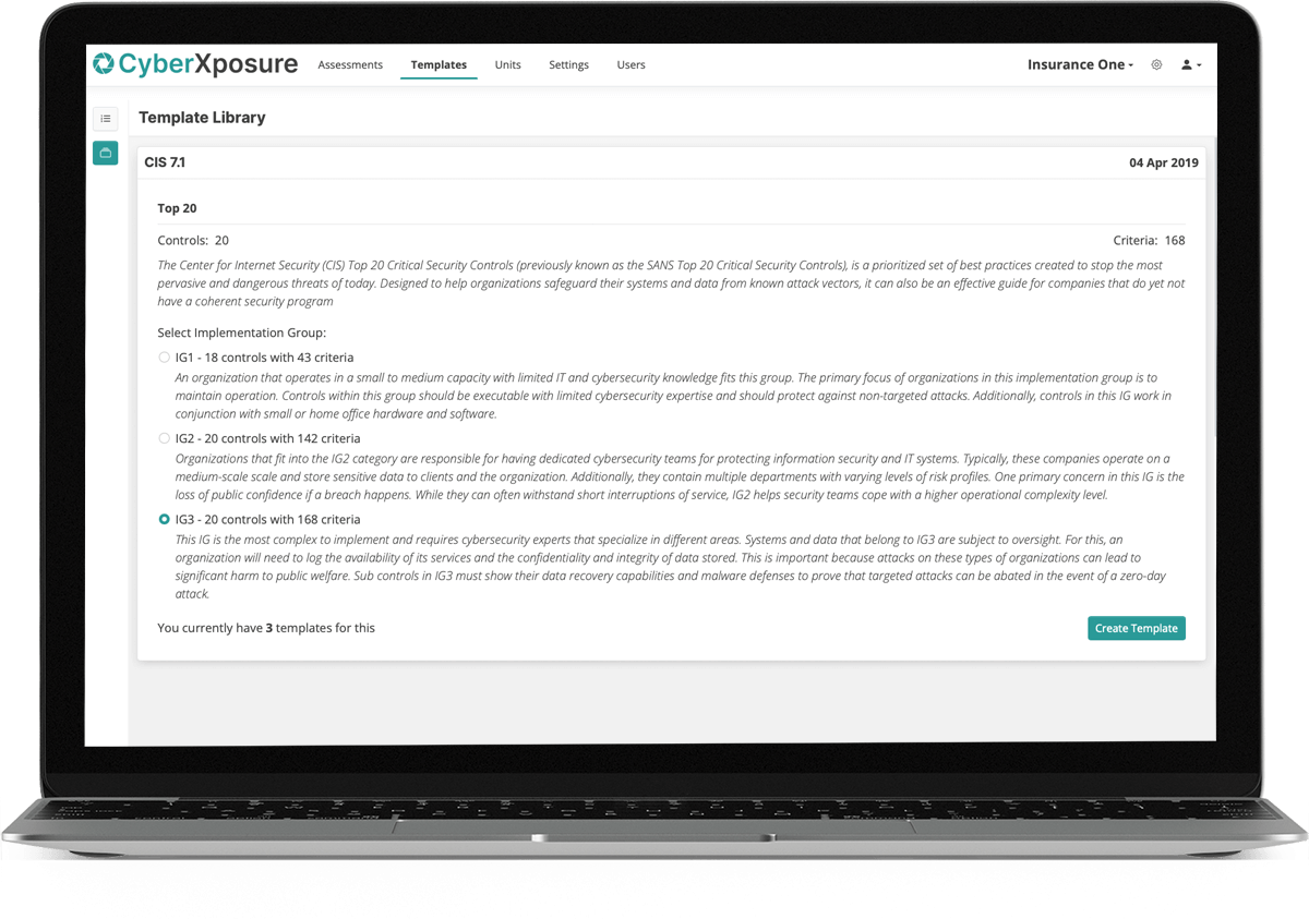 A graphic of a laptop showcasing screenshots from the CyberXposure Platform's CIS Template Library